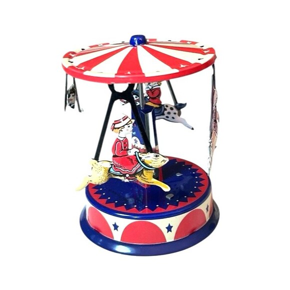 Vintage 1999 Schylling Pull & Spin Classic Tin Carousel Toy Dog Pig Rabbit Horse - Picture 4 of 7